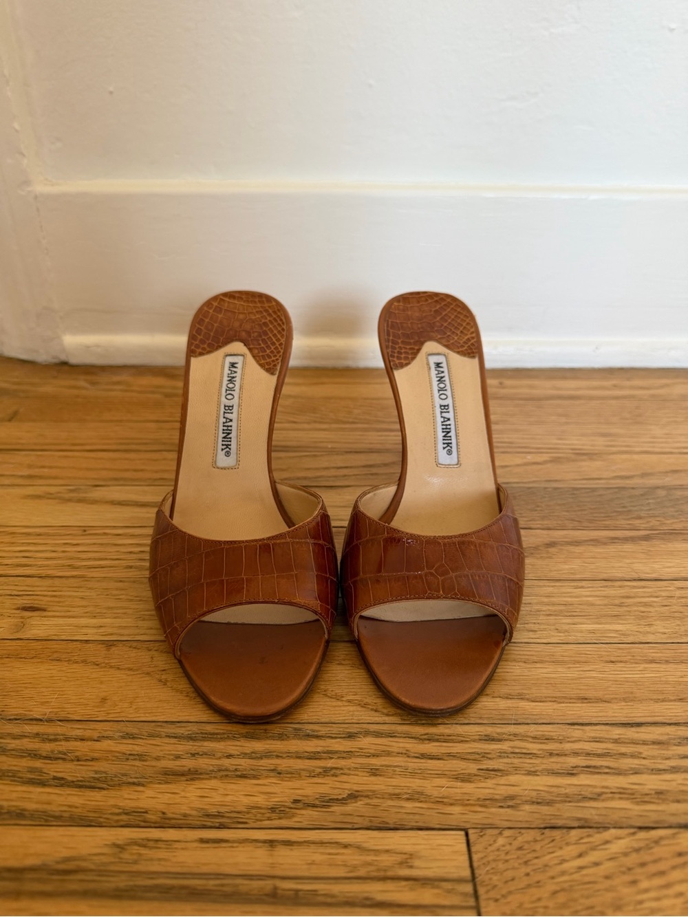 Manolo Blahnik Brown Exotic Leather Slide Sandals